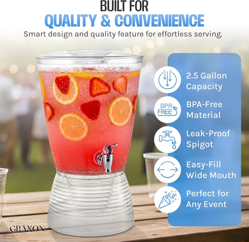 GRAXON Drink Dispensers for Parties (2.5 Gallon) Large Plastic Water Dispenser for Counter Tops, No Mess, Easy to Assemble & Wash, Up to 40 Drinks, For Drinks, Juice, Punch & Water (3 Pack) - Image 4